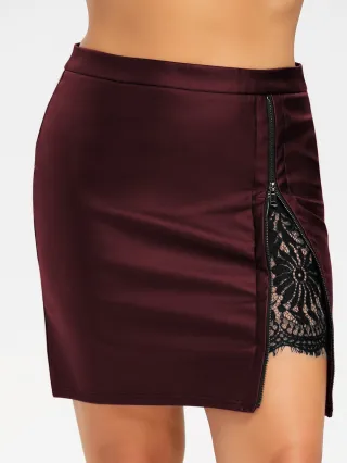 Lace Stitching Hip Half Waist Leather Skirt Women - Wine Red