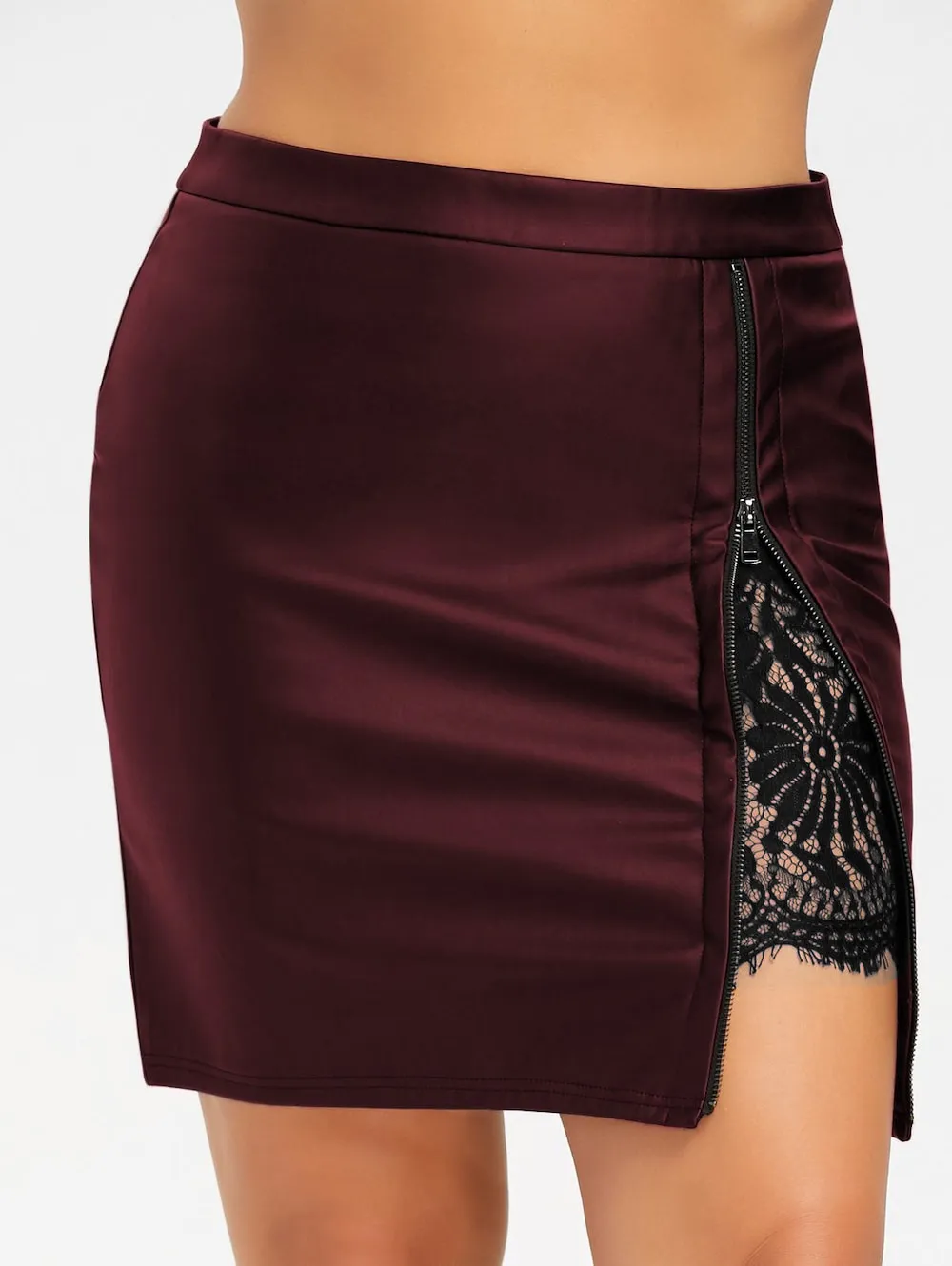 Lace Stitching Hip Half Waist Leather Skirt Women - Wine Red