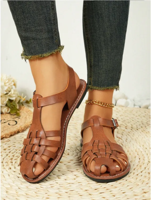 Vintage Weave Closed Toe Sandals Women's Seaside Vacation Soft Bottom Brown Roman Brown - Shop at LoveMi