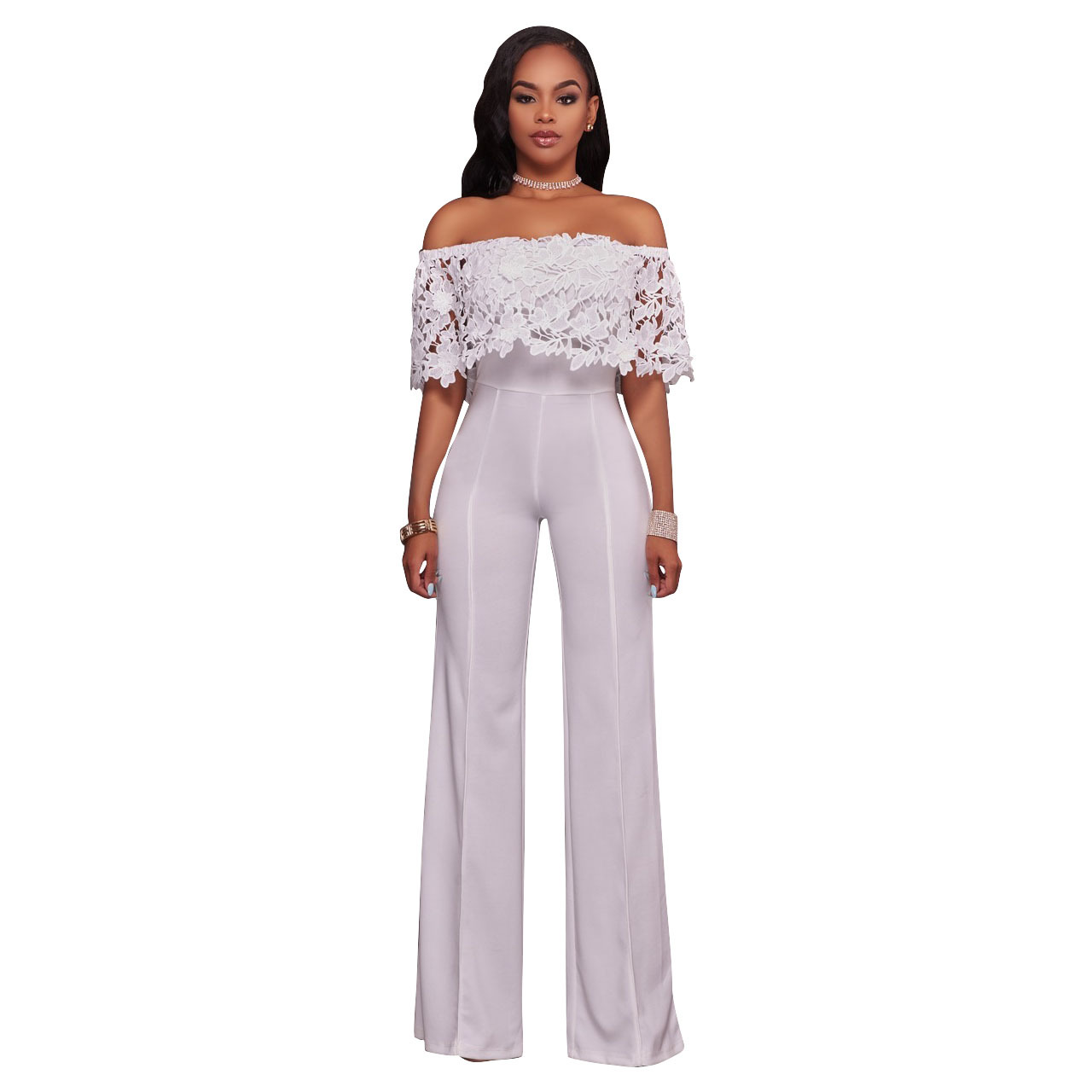 Sexy Tight One neck Water soluble Embroidered Jumpsuit White - Shop at LoveMi