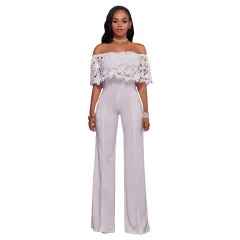 Sexy Tight One-neck Water-soluble Embroidered Jumpsuit - White - View 1