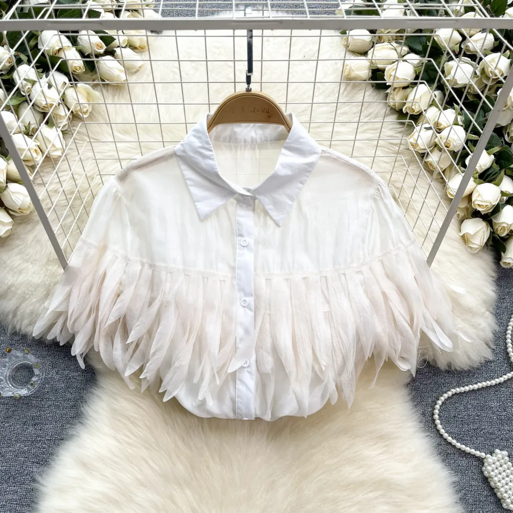 Puff Sleeve Shirt Fashionable Sheer Top - White