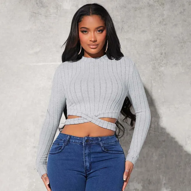 Women's Fashion Minimalist Style T shirt Autumn And Winter Short Crop Top Gray - Shop at LoveMi