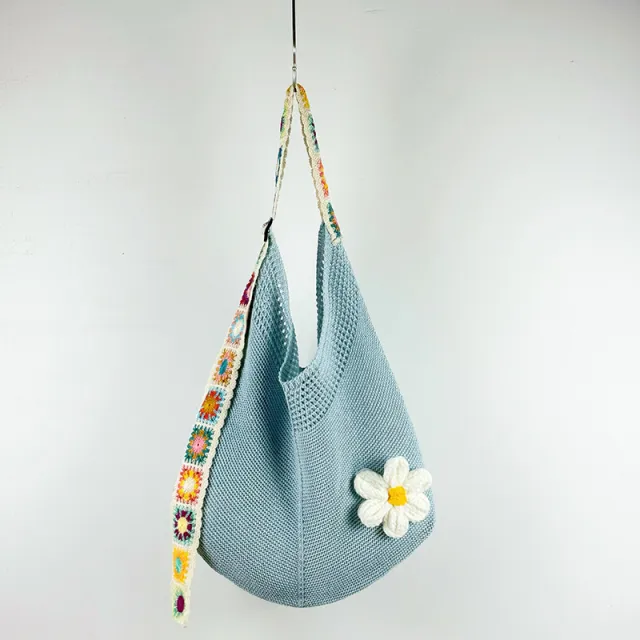 Women's Woven Shoulder Bag Hollow Flower Blue - Shop at LoveMi