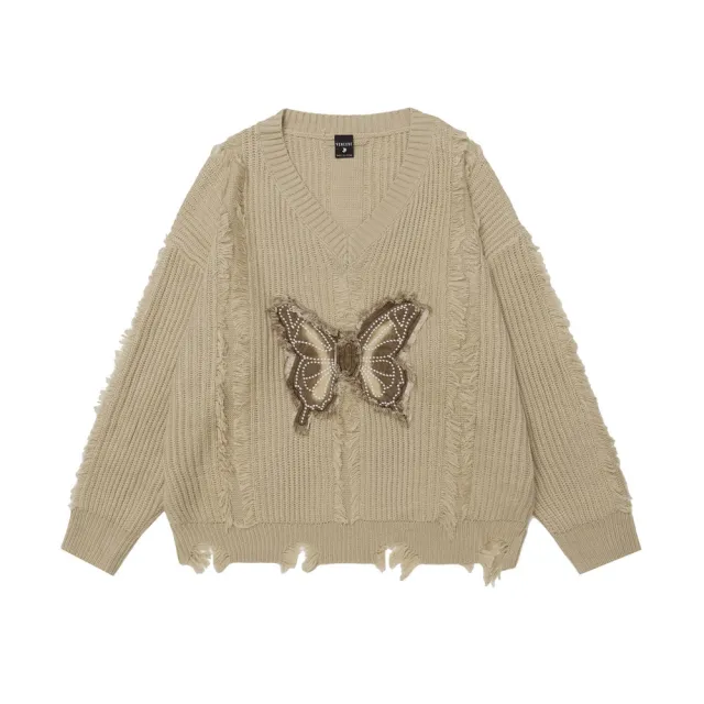 Butterfly Destroyed Frayed Knitted Worn Design V neck Sweater Khaki - Shop at LoveMi