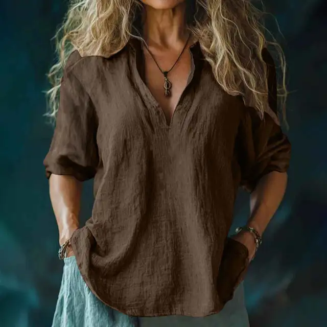 Women's Cotton And Linen V neck Shirt Brown - Shop at LoveMi