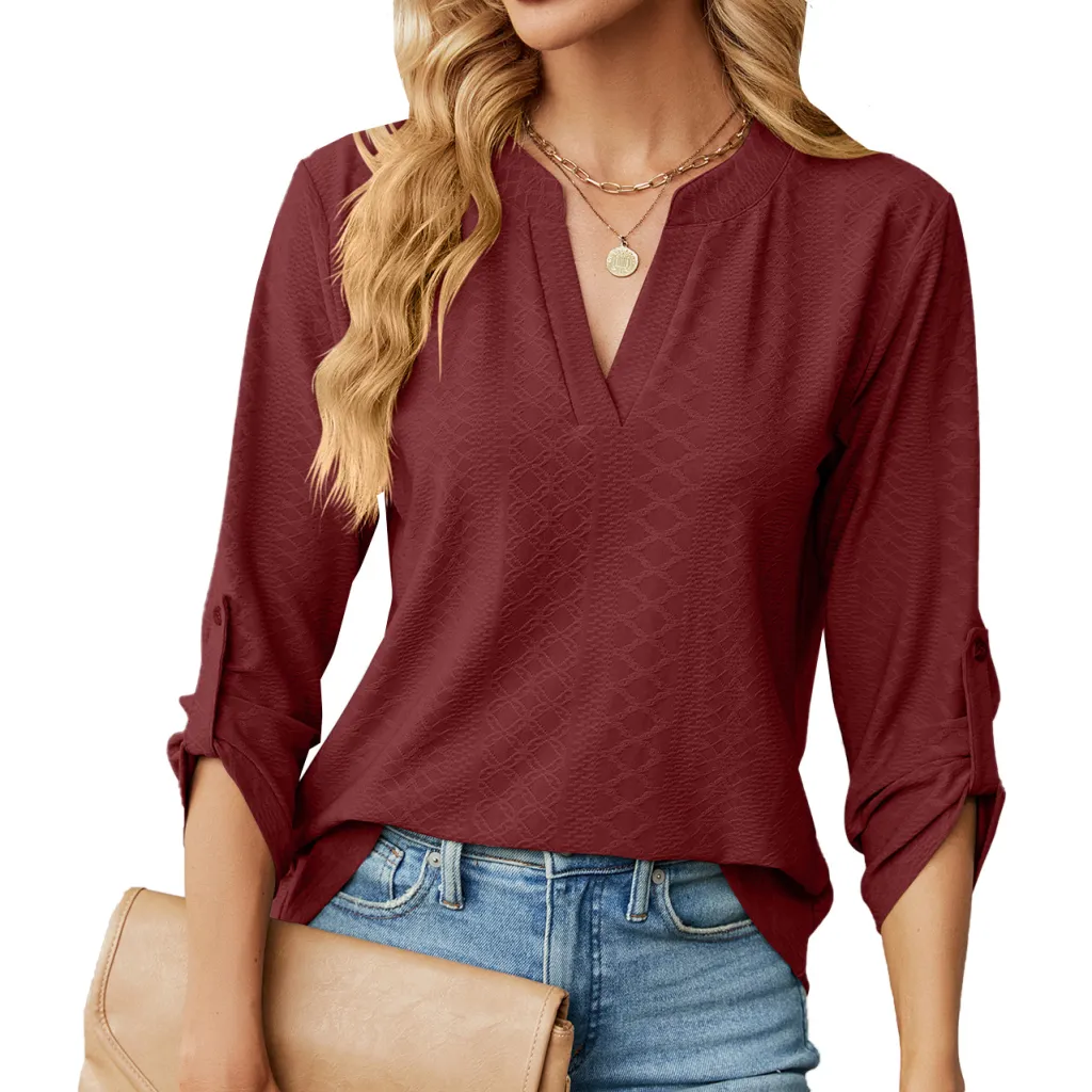 Women's V-neck Buttons Solid Color Long Sleeve Loose-fitting T-shirt Top - Wine Red