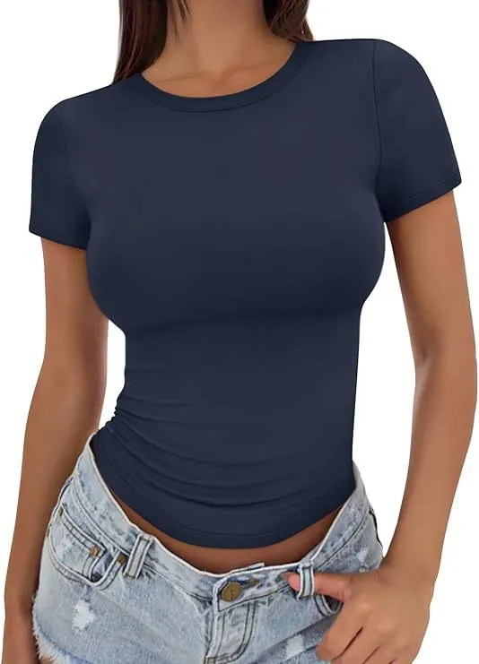 Short Sleeve Slim Fit European And American Top Navy Blue - Shop at LoveMi