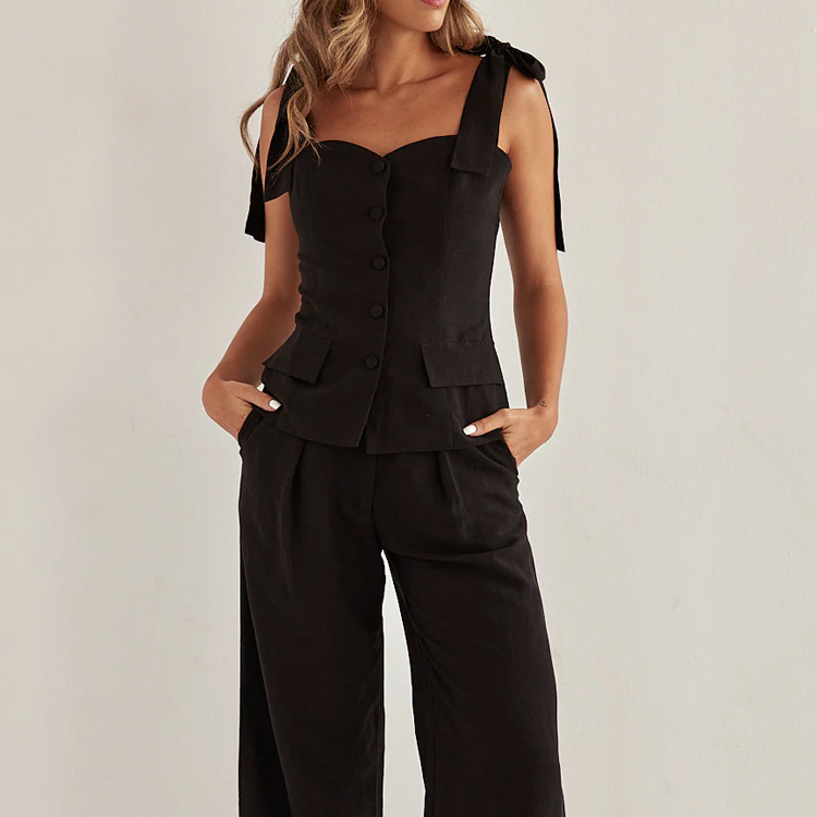 Black Bandeau Sling Top High Waist Wide Leg Pants Two-piece Suit