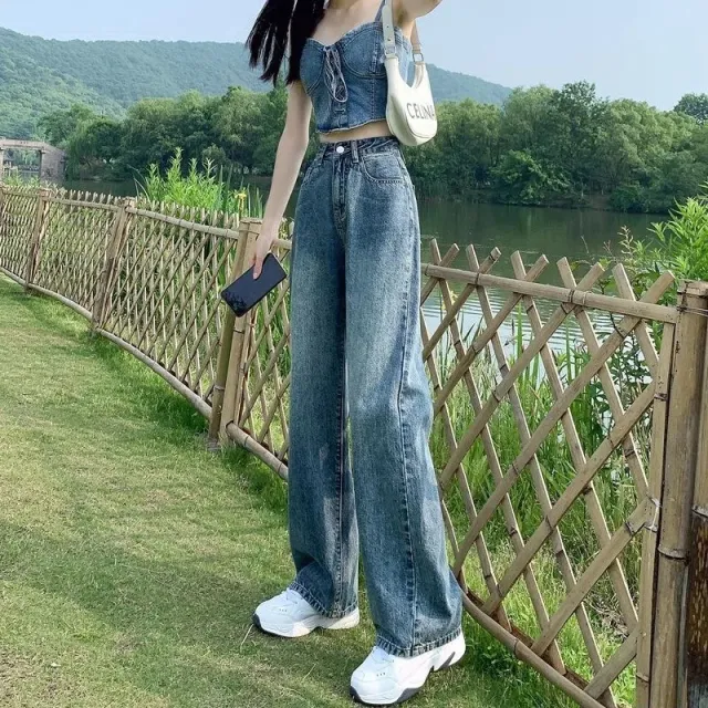 Slim Straight leg Floor length Pants Trendy Korean Style Versatile Retro Blue - Shop at LoveMi