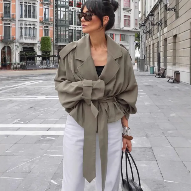 Women's Large Lapel Lace up Trench Coat Fashionable Jacket Olive - Shop at LoveMi