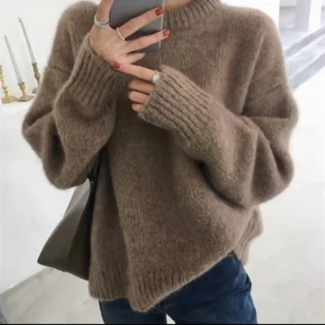 Women's Round Neck Loose And Idle Solid Color Sweater Camel - Shop at LoveMi