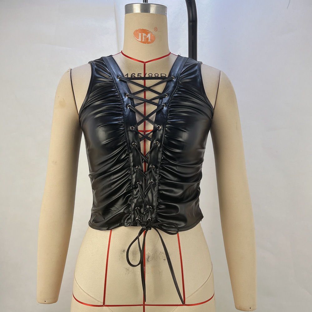 European And American-style Solid-color Rivet Strap PU Leather Sleeveless Top