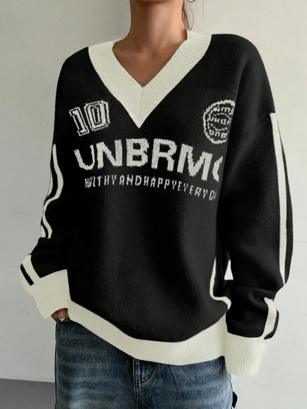Loose Preppy Style Casual Contrast Color Lazy Sweater Black - Shop at LoveMi