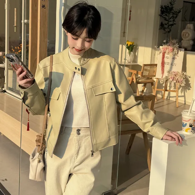 Spring And Autumn Clothing Slimming Leather Coat Matcha L - Shop at LoveMi