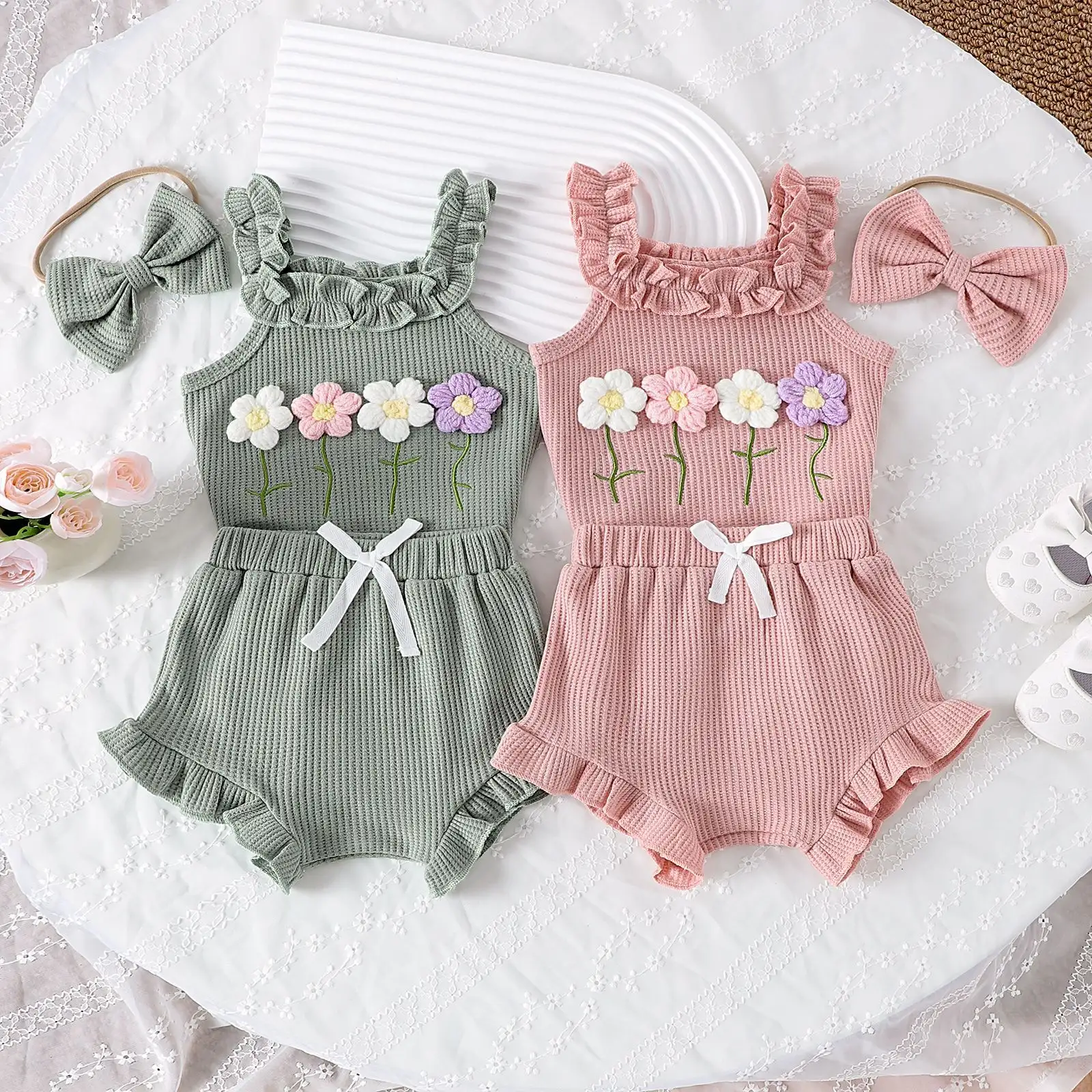 Girls' Summer Embroidered Three-piece Set With Suspenders