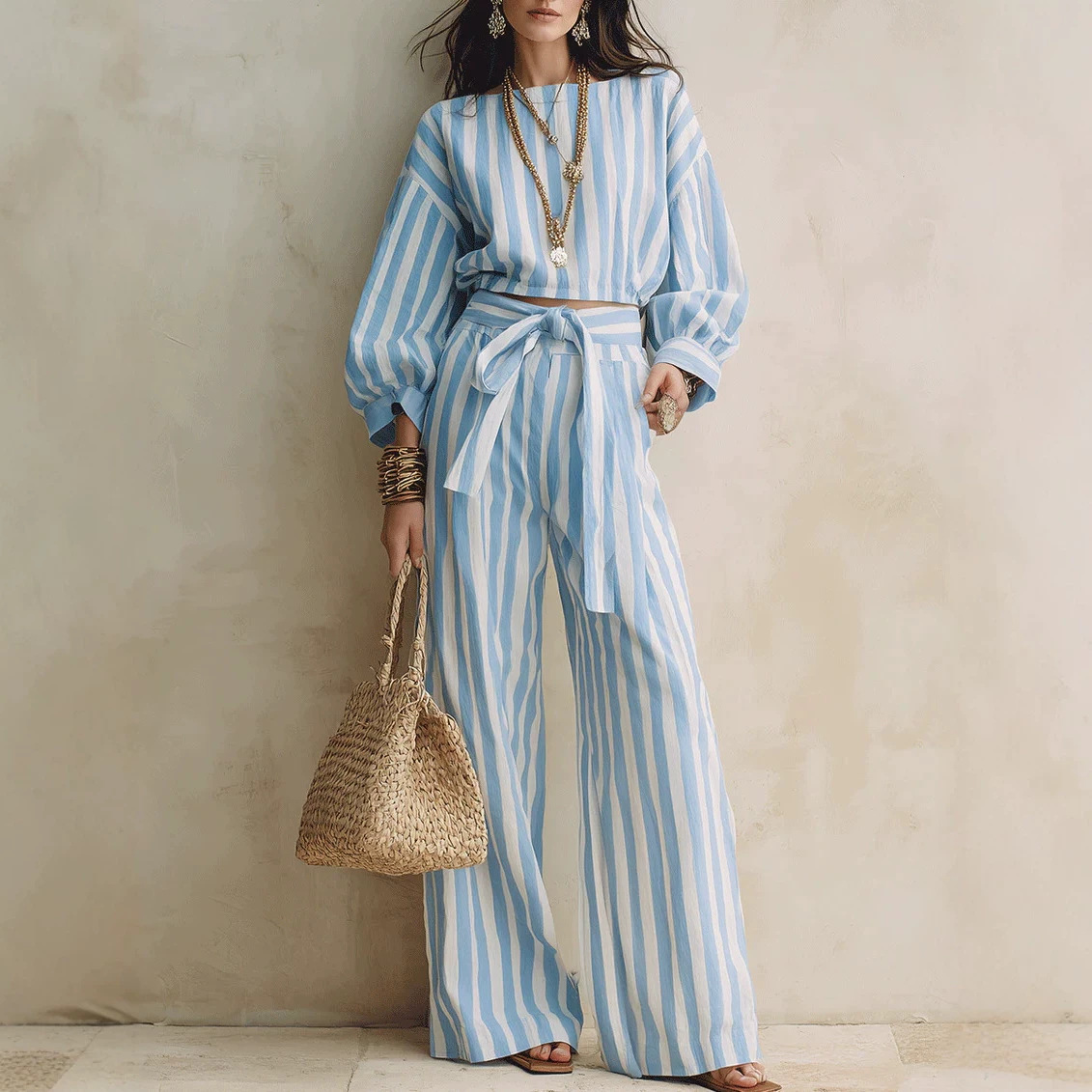 Womens Striped Cropped Top And Casual Lace-up Wide-leg Pants Set