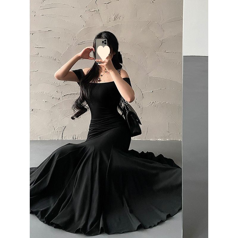 Pleated Waist Tight Short Sleeve Sheath Fishtail Long Dress Black - Shop at LoveMi