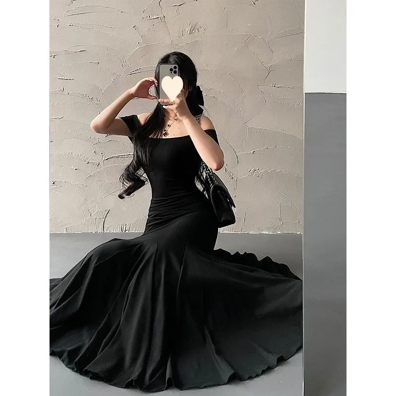 Pleated Waist Tight Short Sleeve Sheath Fishtail Long Dress - Black