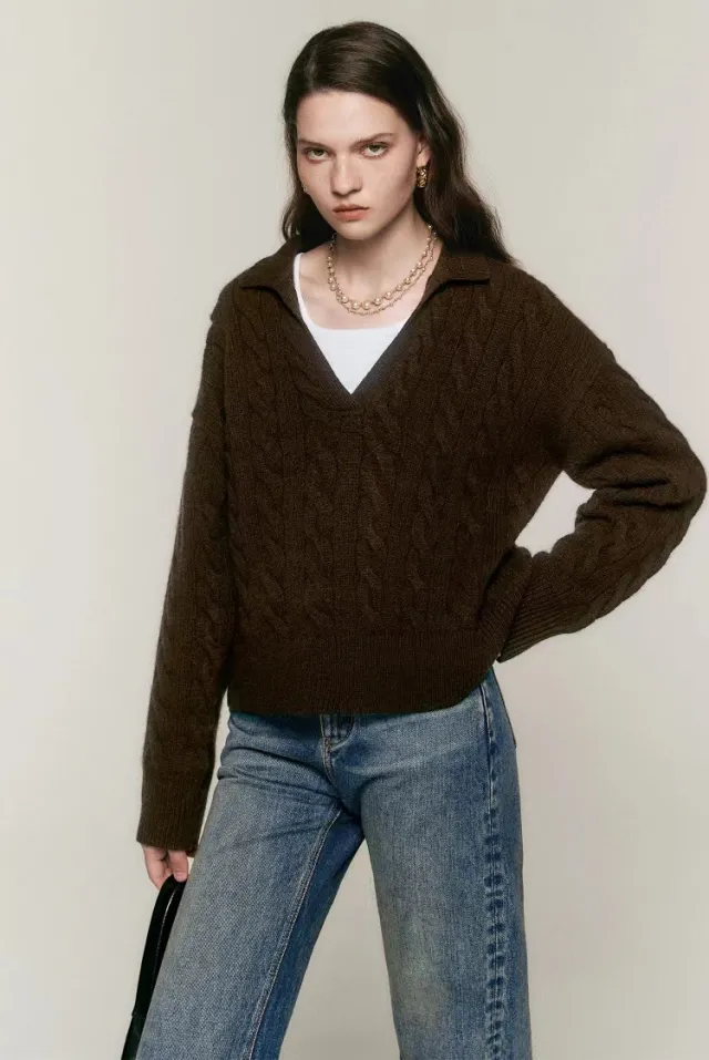 Old Money Style Pure Wool Lazy Style Polo Collar Sweater Brown - Shop at LoveMi