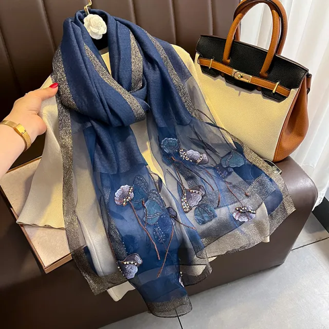 Pearl Flower Scarf Women's Embroidered Silk Scarf Warm Shawl Blue - Shop at LoveMi