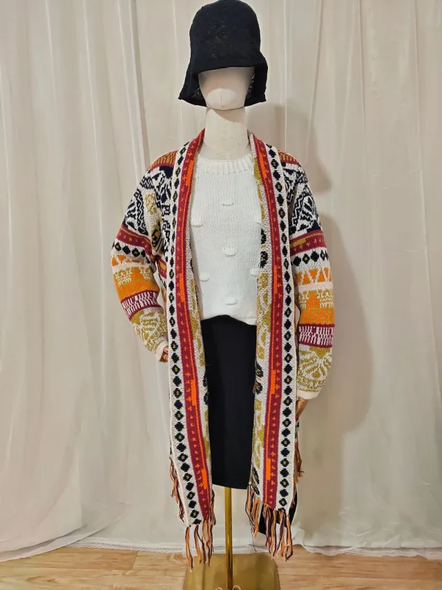 Autumn And Winter European And American Jacquard Retro Ethnic Style Women's Cardigan Version Loose Wool Cardigan Beige - Shop at LoveMi