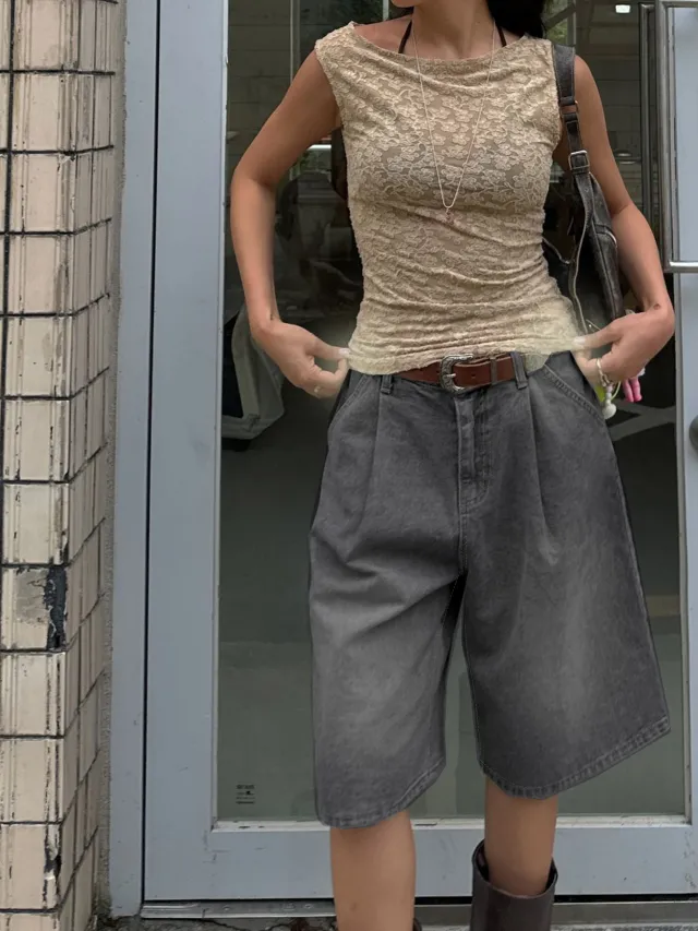 Retro Pleated Wide Leg Straight Denim Shorts Without Belt Light Gray - Shop at LoveMi