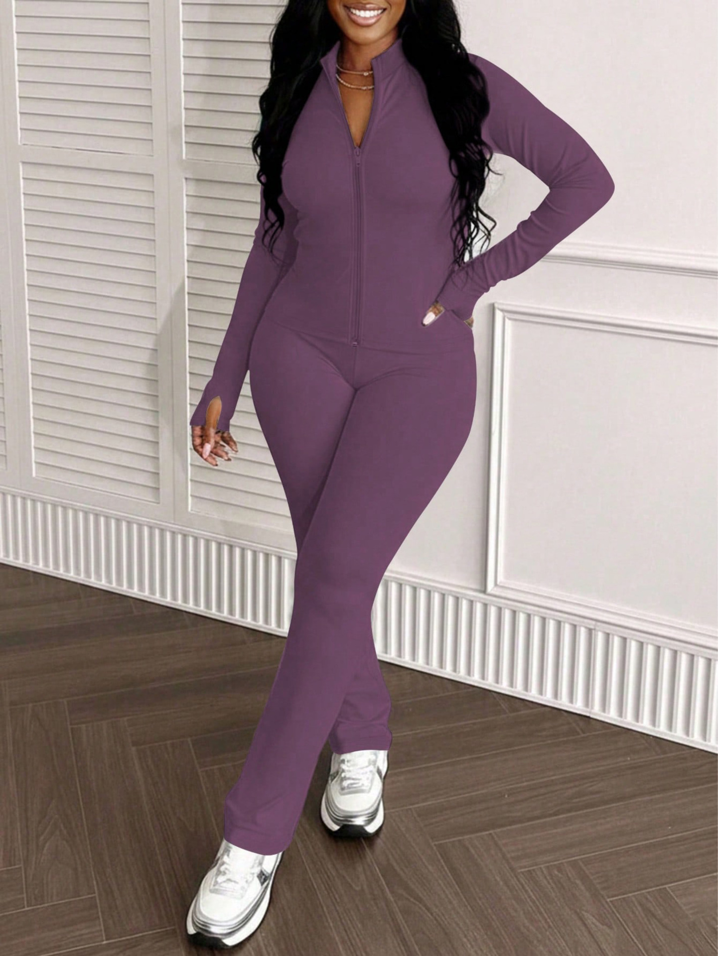 Womens Casual Slim-fit Zip-up Jacket And Trousers Two-piece Set 2