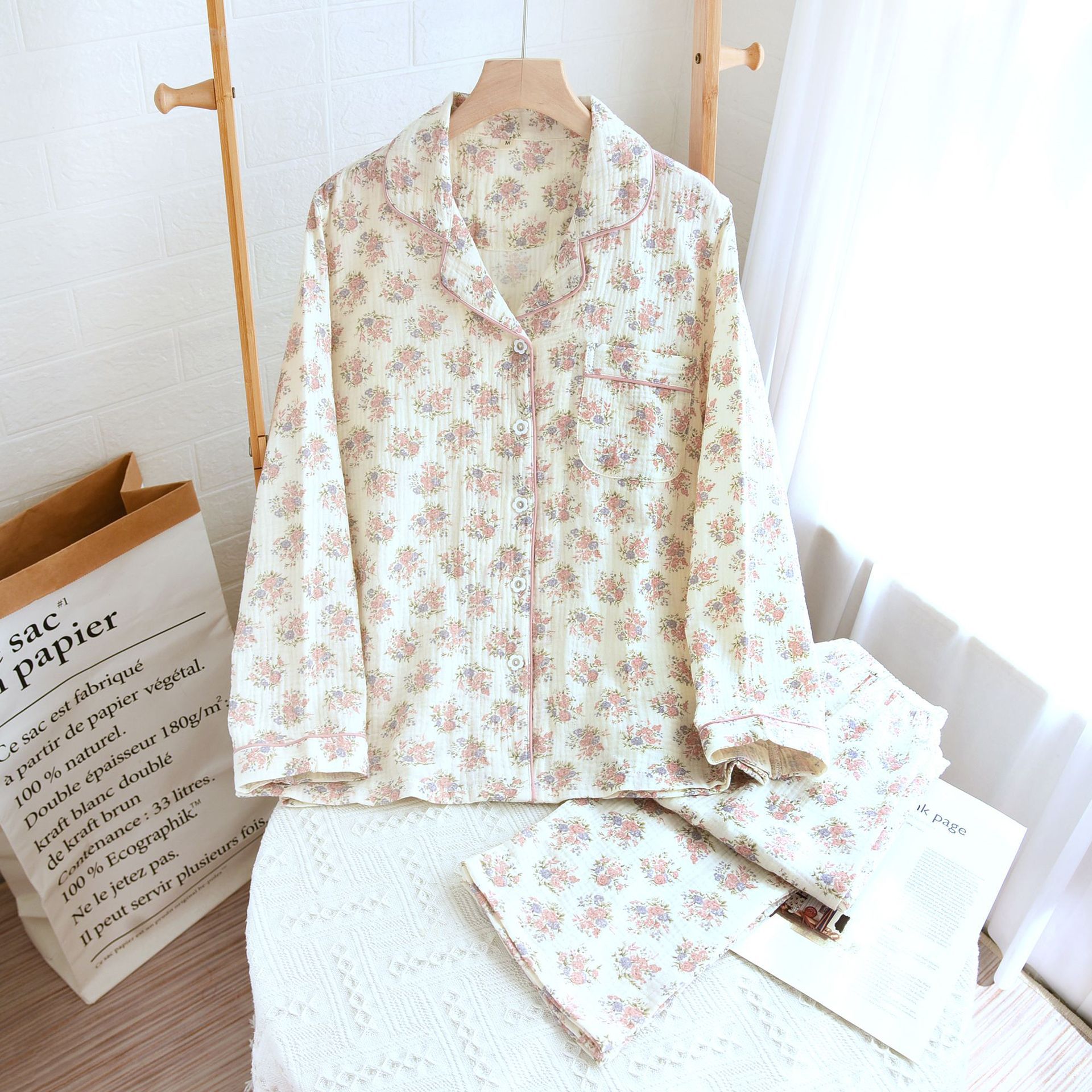 Long Sleeve Trousers Simple Double-layer Yarn Crepe Home Wear Two-piece Set