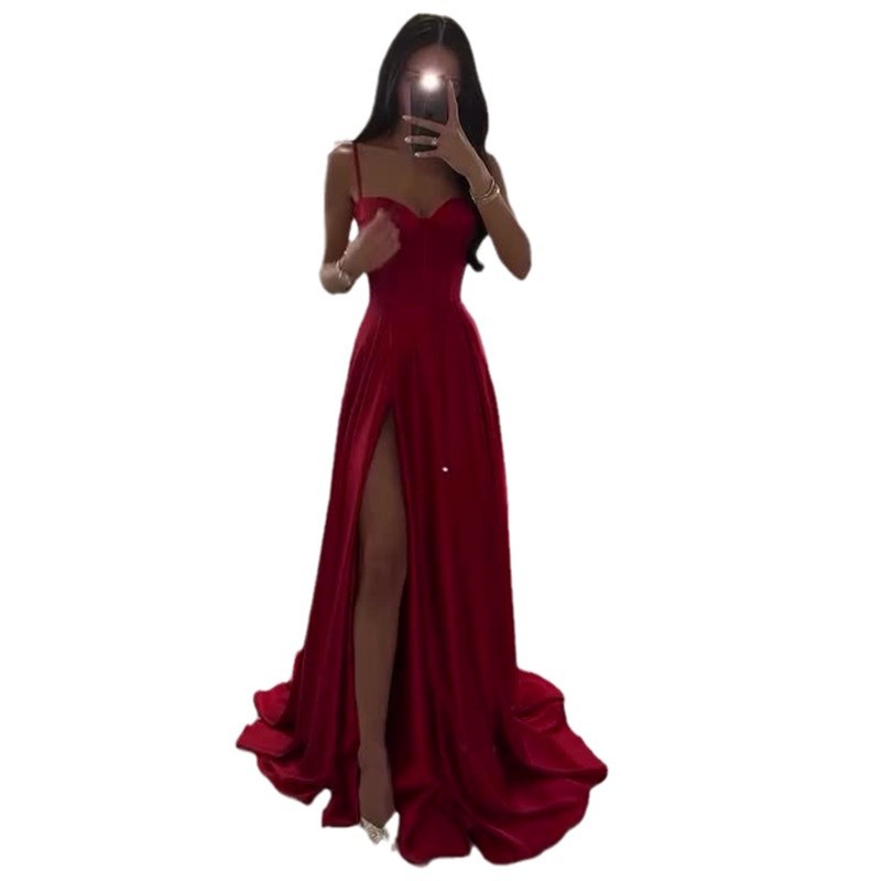 U-collar Cinched Waist Slim-fit High Slit Temperament Camisole Long Dress