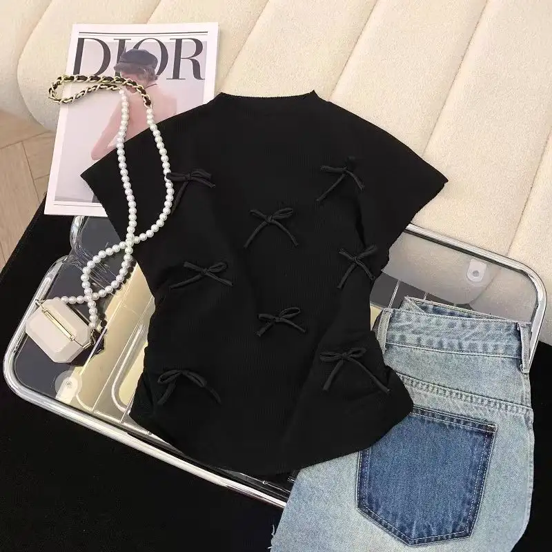 Gentle Pink Bow Short-sleeved Sweater Women's Summer Design Pleated Slim Fit Flying Sleeve Chic Top