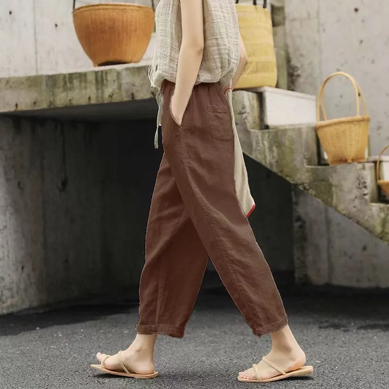 Cropped Pants Loose Anti-cotton Linen Elastic-waist Wide-leg Pants Retro Art And Versatile Casual Pants - Khaki