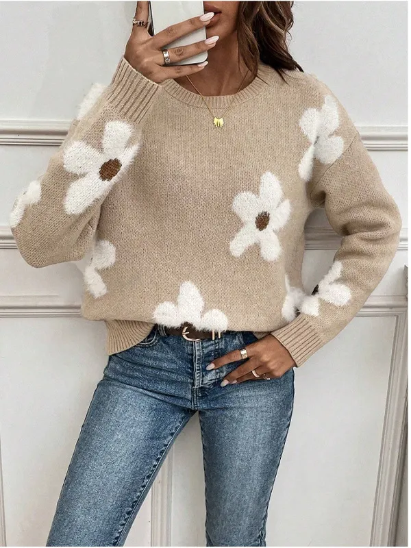 Fashion Pullover Round Neck Long Sleeves Sweater Jacquard Solid Color Knitted Top For Women - Apricot