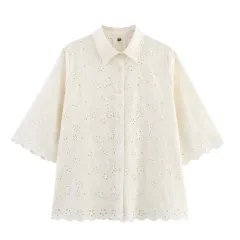 Summer Hollow Embroidered Women's Shirt Pants Suit - Top - View 1