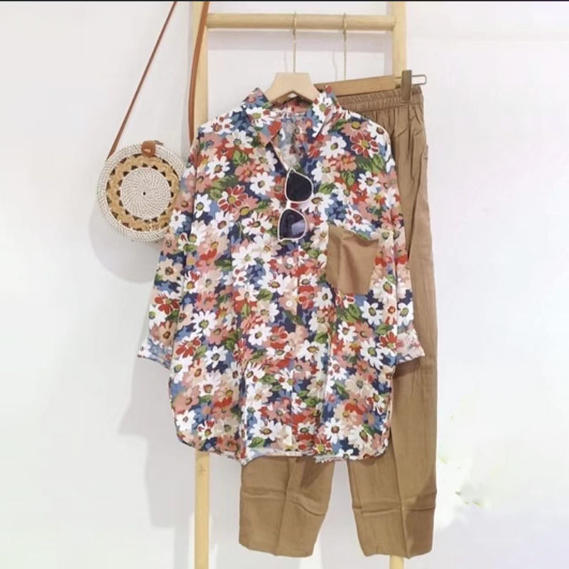 Oversized Loose-fitting Pattern Print Lapel Cardigan Suit - Image 5