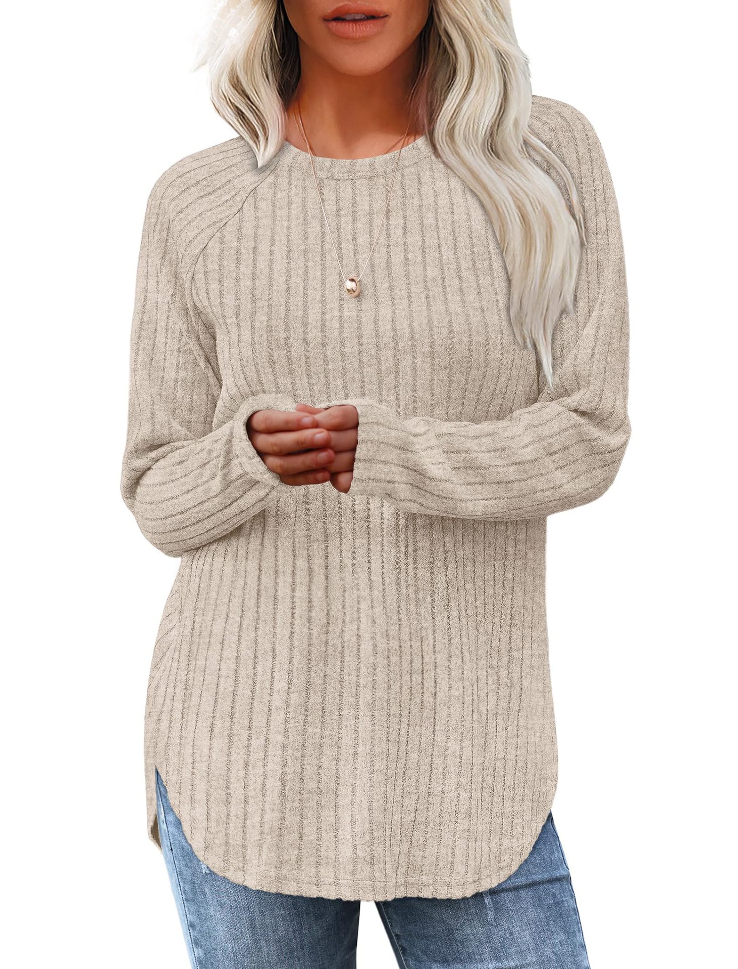 Women&#39;s Loose Round Neck High-Low Curved Hem Tops
