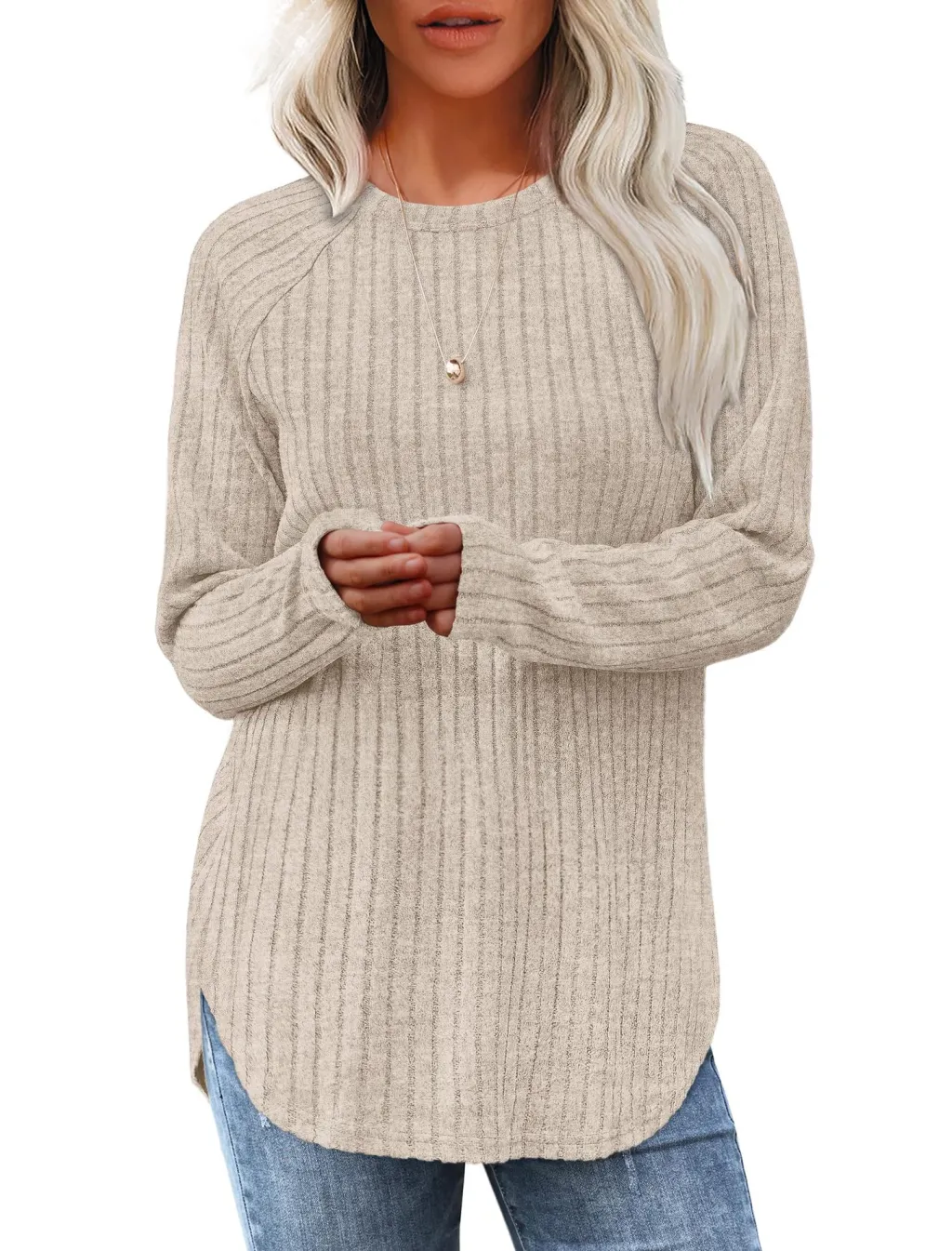 Loose Round Neck High And Low Curved Hem Top - Apricot