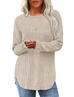Loose Round Neck High And Low Curved Hem Top - Apricot - View 1