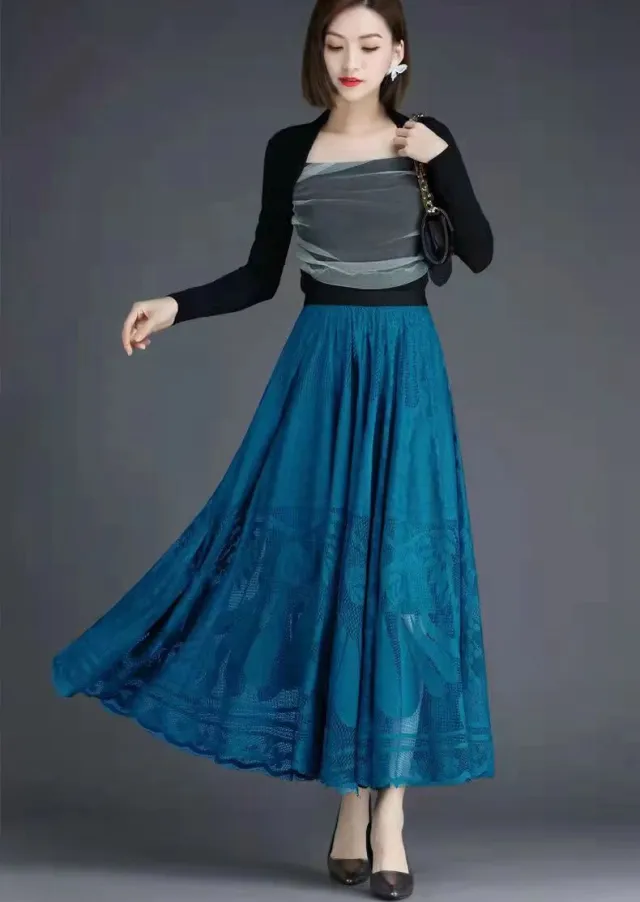 High Waist Slimming Large Hem A Line Gauzy Skirt Blue - Shop at LoveMi