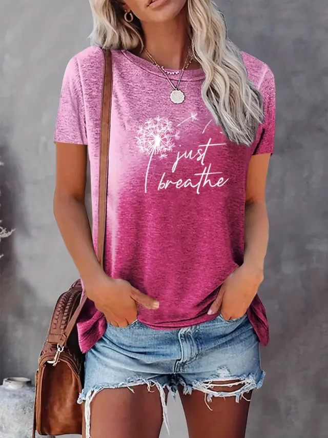 European And American Gradient Printing T shirt Round Neck Straight Rose Red - Shop at LoveMi