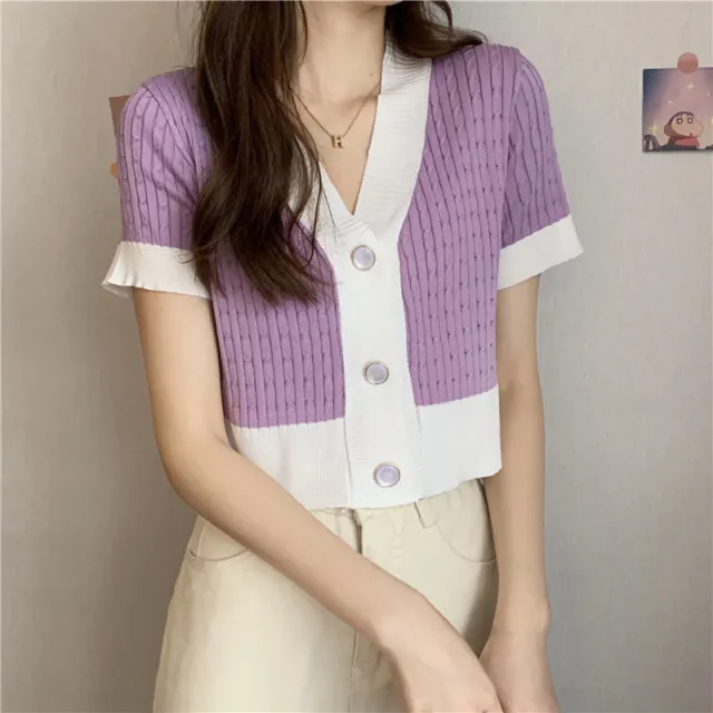 Retro V neck Short sleeve Knit Women's Summer Korean Loose Crop Top Purple - Shop at LoveMi