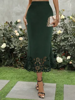 Women's Knitted Sheath Hollow-out Floral Skirt - Green - View 1