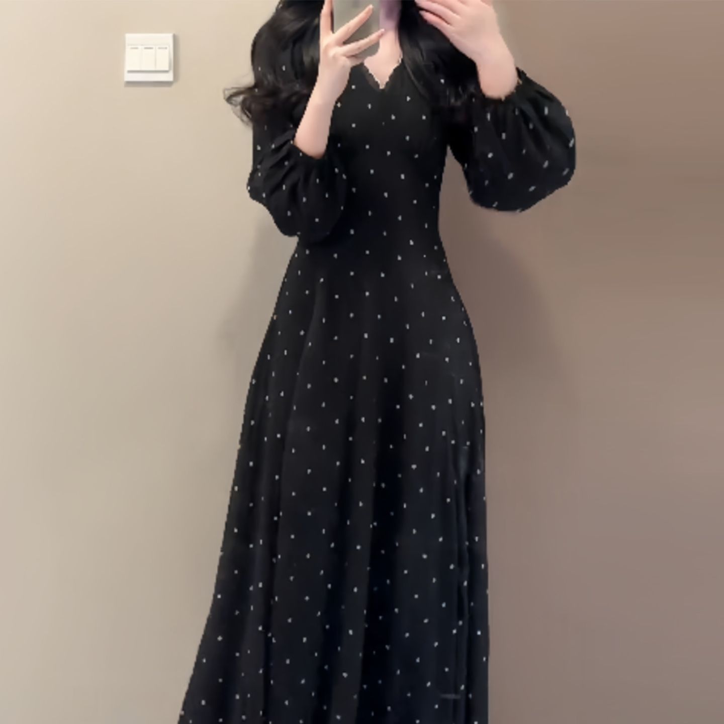 Women's French-style Polka Dot Long Sleeve Dress