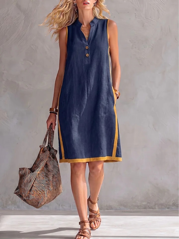 Women's V-neck pocketed midi dress in caramel, side view showing button-front detail