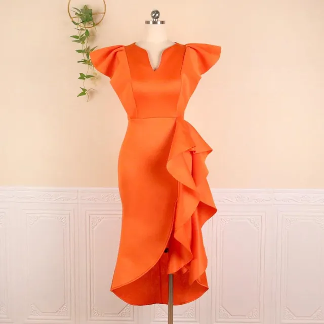 High Waist Irregular Elegant V neck Flounce Dress Orange Red - Shop at LoveMi