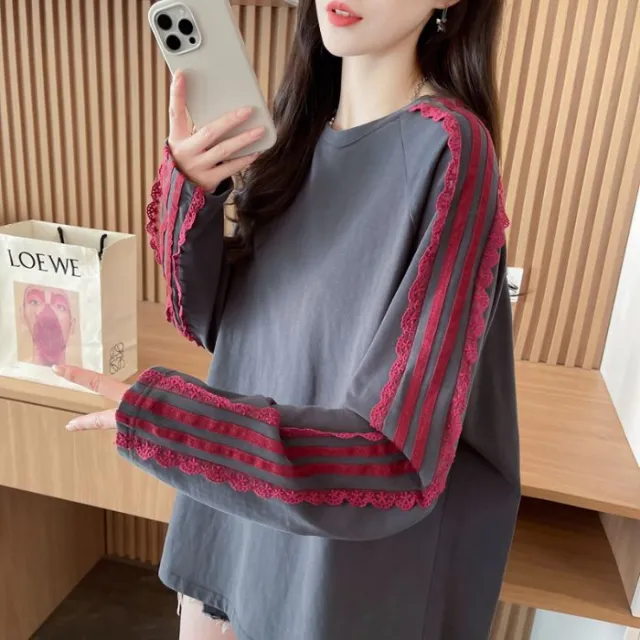 Solid Color Stitching Lace Lacework Round neck T shirt Women's Brushed Top Dark Gray - Shop at LoveMi