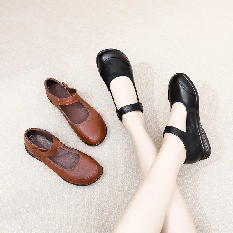 Genuine Leather Single-Strap Velcro Closure Plus-Size Round-Toe Flat Shoes