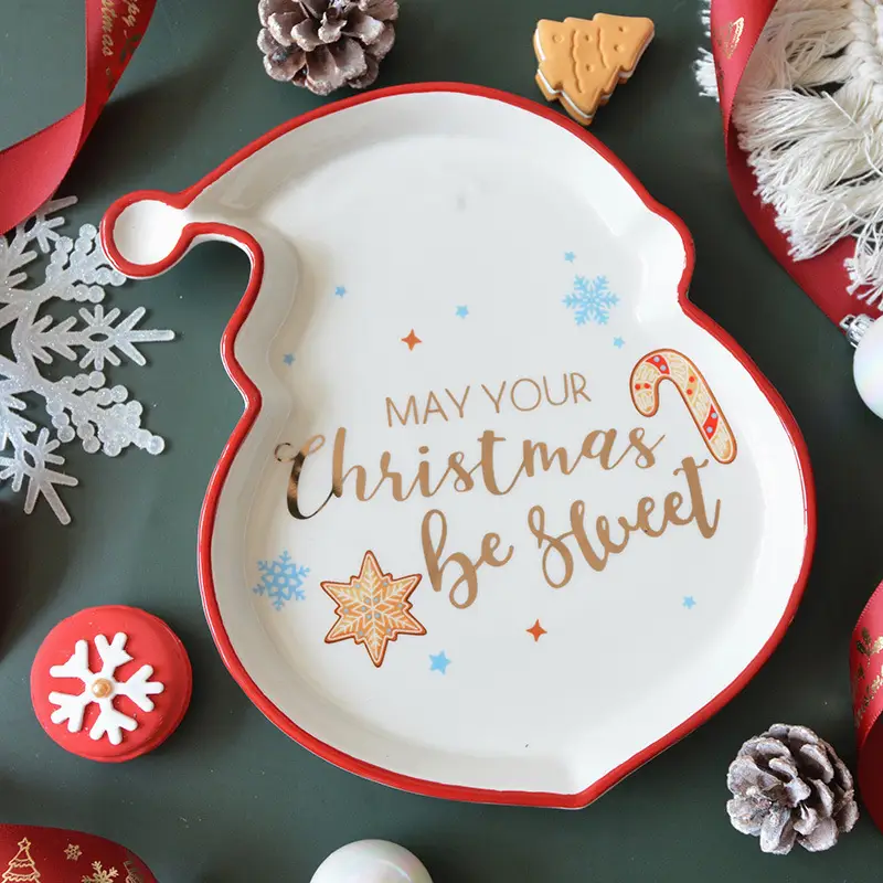 Three-dimensional Pine Golden Painted Christmas Series Plate Candy Dessert Ceramic Plate
