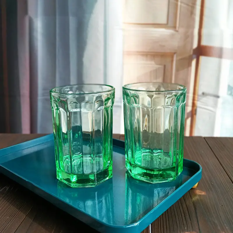 Middle Ancient Cup Emerald Green Glass Hexagonal Vintage