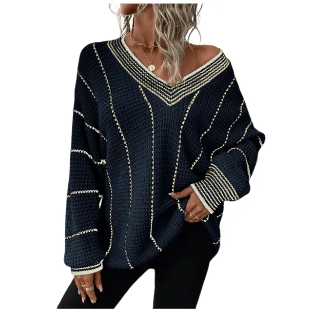 Autumn And Winter Knitted V neck Striped Sweater Blue - Shop at LoveMi